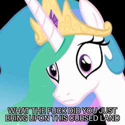 Size: 1024x1024 | Tagged: safe, edit, edited screencap, screencap, princess celestia, alicorn, pony, a canterlot wedding, caption, cropped, image macro, meme, reaction image, shocked, text, vulgar, what the fuck did you just bring upon this cursed land