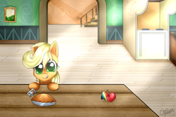 Size: 3000x2000 | Tagged: safe, artist:wolfchen999, applejack, earth pony, pony, apple, apple pie, female, food, freckles, pie, smiling, solo, tongue out, zap apple