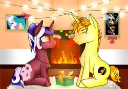 Size: 1292x904 | Tagged: safe, artist:glitteringdew, discord, princess celestia, oc, oc:ambertone, oc:glitteringdew, alicorn, pony, christmas, female, fireplace, holiday, love, male, mare, painttoolsai, present, stallion