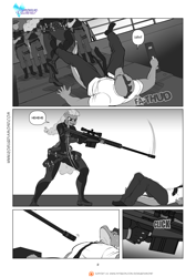 Size: 1200x1697 | Tagged: safe, artist:pia-sama, spike, oc, oc:00284, anthro, dragon, earth pony, comic:rogue diamond, anthro oc, big breasts, black and white, breasts, comic, curvy, female, grayscale, gun, hourglass figure, huge breasts, monochrome, older, older spike, optical sight, rifle, skintight clothes, sniper rifle, solo, weapon