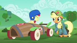 Size: 1920x1080 | Tagged: safe, screencap, apple bloom, applejack, earth pony, pony, the cart before the ponies