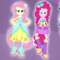 Size: 500x500 | Tagged: safe, screencap, fluttershy, pinkie pie, equestria girls, equestria girls (movie), angry, boots, bracelet, cropped, female, hat, high heel boots, jewelry, looking at you, ponied up, raised leg, top hat