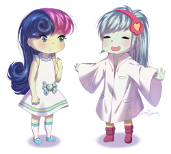 Size: 2000x1800 | Tagged: safe, artist:pyonsangsang, bon bon, lyra heartstrings, sweetie drops, equestria girls, clothes, cute, dress, eyes closed, female, happy, lesbian, lyrabetes, lyrabon, open mouth, sandals, shipping, smiling, white coat