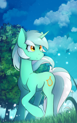 Size: 1200x1920 | Tagged: safe, artist:laptop-pone, lyra heartstrings, pony, unicorn, female, grass, mare, raised hoof, scenery, solo, tree