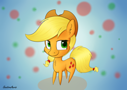 Size: 4960x3507 | Tagged: safe, artist:sentireaeris, applejack, earth pony, pony, big head, chibi, signature, smiling, solo