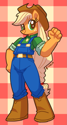 Size: 571x1055 | Tagged: safe, artist:needsmoarg4, applejack, anthro, overalls, solo