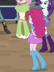 Size: 1536x2048 | Tagged: safe, screencap, fluttershy, pinkie pie, rarity, spike, spike the regular dog, dog, equestria girls, movie magic, spoiler:eqg specials, boots, bracelet, clothes, cropped, crossed arms, hands behind back, high heel boots, india movie set, jewelry, raised leg, skirt, socks
