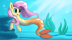 Size: 1024x576 | Tagged: safe, artist:camyllea, fluttershy, merpony, pony, atg 2017, bubble, female, mare, newbie artist training grounds, simple background, solo, species swap, transparent background, underwater, watershy