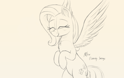 Size: 1024x643 | Tagged: safe, artist:j24262756, edit, fluttershy, pegasus, pony, cute, eyes closed, female, mare, monochrome, shyabetes, simple background, sketch, smiling, solo, traditional art