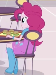 Size: 1536x2048 | Tagged: safe, screencap, pinkie pie, equestria girls, mirror magic, spoiler:eqg specials, burger, chair, cropped, cute, female, food, smiling, solo, table, tray