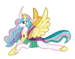 Size: 1280x1000 | Tagged: safe, artist:maskarie, princess celestia, alicorn, changedling, changeling, to where and back again, changedlingified, changelingified, curved horn, cute, cutelestia, floppy ears, hoof shoes, horn, lidded eyes, prone, simple background, smiling, solo, species swap, spread wings, transparent background, wings