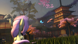 Size: 1920x1080 | Tagged: safe, artist:wiizzie, fluttershy, butterfly, pegasus, pony, 3d, cherry blossoms, japan, pagoda, sitting, solo, source filmmaker, tree