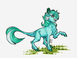 Size: 1024x767 | Tagged: safe, artist:biakela, lyra heartstrings, classical unicorn, pony, unicorn, chest fluff, cloven hooves, ear fluff, female, grass, happy, leonine tail, mare, missing cutie mark, open mouth, raised leg, sidemouth, simple background, solo, traditional art, unshorn fetlocks, watercolor painting, white background