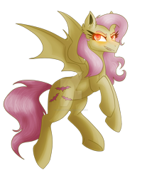 Size: 1024x1280 | Tagged: safe, artist:meownimator, fluttershy, bat pony, pony, female, flutterbat, glowing eyes, looking at you, mare, race swap, simple background, smiling, solo, transparent background, watermark