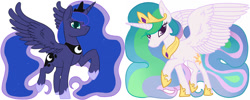 Size: 1500x600 | Tagged: safe, artist:darkodraco, princess celestia, princess luna, alicorn, pony, female, hoof shoes, jewelry, looking at you, mare, peytral, raised hoof, regalia, royal sisters, spread wings, wings