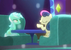 Size: 890x629 | Tagged: safe, screencap, bon bon, lyra heartstrings, sweetie drops, earth pony, pony, unicorn, grannies gone wild, annoyed, bored, cropped, duo, female, lyra is not amused, mare, sitting, unamused