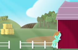 Size: 5742x3650 | Tagged: safe, artist:kopcap94, lyra heartstrings, pony, apple tree, barn, cowboy hat, fence, hat, hay bale, high res, meme, sitting, sitting lyra, solo, tree, vector