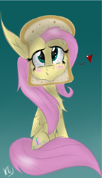 Size: 998x1731 | Tagged: safe, artist:zeezou2, fluttershy, pegasus, pony, bread, bread head, breading, cute, female, food, heart, looking up, mare, shyabetes, signature, sitting, solo, toast