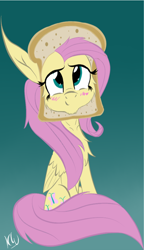 Size: 998x1731 | Tagged: safe, artist:zeezou2, fluttershy, pegasus, pony, blushing, bread, bread head, breading, cute, female, flutterbread, food, looking up, mare, shyabetes, signature, sitting, solo, toast