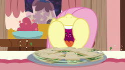 Size: 1280x720 | Tagged: safe, screencap, fluttershy, pegasus, pony, discordant harmony, cucumber sandwiches, eating, nose in the air, open mouth, puffy cheeks, solo, uvula, volumetric mouth
