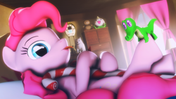 Size: 3840x2159 | Tagged: safe, artist:selestlight, gummy, pinkie pie, dog, pony, 3d, candy, candy cane, cute, diapinkes, food, lounging, teddy bear, tongue out