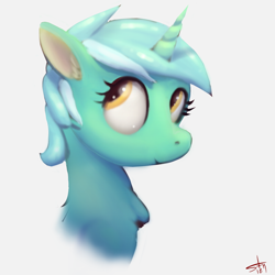 Size: 3000x3000 | Tagged: safe, artist:starkdust, lyra heartstrings, pony, unicorn, bust, digital art, explicit source, female, high res, looking back, mare, signature, simple background, solo, white background