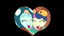 Size: 1920x1080 | Tagged: safe, screencap, bon bon, lyra heartstrings, sweetie drops, owl, peacock, all's fair in love and friendship games, equestria girls, friendship games, adorabon, best friends, bird costume, bon owl, cute, duo, female, happy, heart, hug, laughing, lesbian, lyrabetes, lyrabon, nuzzling, shipping, smiling