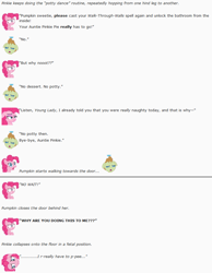 Size: 761x982 | Tagged: safe, artist:dziadek1990, pinkie pie, pumpkin cake, earth pony, pony, bathroom, conversation, crying, desperation, dialogue, emote story, emotes, need to pee, omorashi, potty dance, potty emergency, potty time, punishment, reddit, slice of life, text, trotting in place