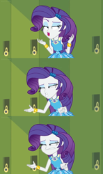 Size: 1600x2698 | Tagged: safe, edit, edited screencap, screencap, rarity, better together, equestria girls, holidays unwrapped, braces, clothes, comic, dress, faic, geode of shielding, lockers, magical geodes, pronunciation, screencap comic, teeth, unsure