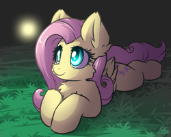 Size: 1125x900 | Tagged: safe, artist:sapphfyr, fluttershy, firefly (insect), pegasus, pony, chest fluff, cute, female, folded wings, grass, looking at something, looking up, mare, night, prone, shyabetes, solo