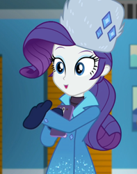 Size: 852x1080 | Tagged: safe, screencap, rarity, better together, equestria girls, holidays unwrapped, beautiful, cellphone, clothes, cropped, cute, fabulous, female, hat, mittens, phone, raribetes, rarity's winter hat, self-storage facility, smartphone, solo, sweater, turtleneck, winter break-in, winter coat, winter hat, winter outfit