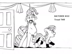 Size: 2001x1514 | Tagged: safe, artist:tillie-tmb, rarity, sweetie belle, pony, unicorn, faic, female, filly, inktober, inktober 2019, mare, monochrome, mud, muddy hooves, saddle bag, shocked expression, siblings, sisters