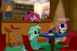 Size: 4000x2676 | Tagged: safe, artist:desmondferrcon, bon bon, lyra heartstrings, pinkie pie, sweetie drops, earth pony, pony, unicorn, background pony, bon bon is not amused, bottle, chair, crying, crying lyra, female, glowing horn, hand, house, magic, magic aura, magic hands, mare, model, pinkie being pinkie, restaurant, table, tongue out, unamused