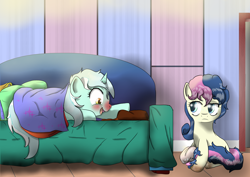 Size: 7016x4961 | Tagged: safe, artist:dusk-spark, bon bon, lyra heartstrings, sweetie drops, earth pony, pony, unicorn, fanfic:the things we do for..., absurd resolution, blanket, bon bon is not amused, duo, fanfic, fanfic art, fanfic cover, female, mare, sick, sofa, unamused