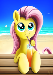 Size: 1480x2093 | Tagged: safe, artist:jphyperx, fluttershy, pegasus, pony, beach, bust, cocktail, cute, drink, drinking, drinking straw, female, hoof hold, looking at you, mare, ocean, portrait, shyabetes, solo