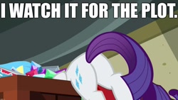 Size: 1920x1080 | Tagged: safe, edit, edited screencap, editor:useraccount, screencap, rarity, pony, unicorn, dragon dropped, butt, caption, i watch it for the plot, image macro, plot, solo, text