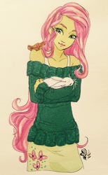 Size: 791x1280 | Tagged: safe, artist:candasaurus, angel bunny, fluttershy, bird, equestria girls, carrying, clothes, off shoulder, simple background, sleeping, smiling, sweater, sweater dress, sweatershy, traditional art