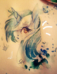 Size: 2378x3065 | Tagged: safe, artist:sileentdo, lyra heartstrings, pony, unicorn, bust, female, looking back, mare, solo, traditional art