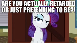 Size: 1920x1080 | Tagged: safe, edit, edited screencap, editor:useraccount, screencap, rarity, pony, unicorn, dragon dropped, caption, image macro, reaction image, retarded, text, unsure