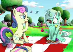 Size: 6952x4921 | Tagged: safe, artist:dusk-spark, bon bon, lyra heartstrings, sweetie drops, earth pony, parasprite, pony, unicorn, absurd resolution, bench, eating, female, food, mare, messy eating, park, picnic, picnic blanket, trash can, tree