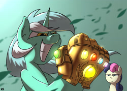 Size: 4200x3000 | Tagged: safe, artist:richard-skip, bon bon, lyra heartstrings, sweetie drops, earth pony, pony, unicorn, avengers, avengers: infinity war, bon bon is not amused, clothes, crossover, duo, female, gloves, infinity gauntlet, infinity stones, mare, unamused, xk-class end-of-the-world scenario