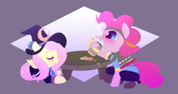 Size: 1006x534 | Tagged: safe, artist:ponycide, fluttershy, pinkie pie, pegasus, pony, bard, clothes, drinking, drunk, drunkie pie, fantasy class, final fantasy, final fantasy iii, magus, roleponies, simple background, table