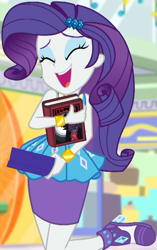 Size: 608x966 | Tagged: safe, screencap, rarity, better together, equestria girls, holidays unwrapped, barrette, beautiful, book, box, canterlot mall, clothes, cropped, cute, dress, excited, eyes closed, eyeshadow, female, hairclip, high heels, makeup, mall, miniskirt, novel, present, raised leg, raribetes, shadow spade, shoes, skirt, smiling, wrist cuffs