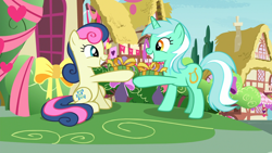 Size: 1920x1080 | Tagged: safe, screencap, bon bon, lyra heartstrings, sweetie drops, earth pony, pony, unicorn, the break up breakdown, best friends, discovery family logo, duo, female, mare, present