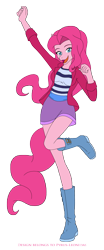 Size: 1339x3218 | Tagged: safe, artist:pyrus-leonidas, pinkie pie, anthro, earth pony, breasts, clothes, female, happy, looking at you, mare, open mouth, raised leg, simple background, smiling, solo, transparent background