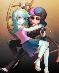 Size: 600x750 | Tagged: safe, artist:tzc, bon bon, lyra heartstrings, sweetie drops, equestria girls, clothes, feet, female, glasses, gun, legs, lesbian, looking at you, lyrabon, sandals, secret agent sweetie drops, shipping, skirt, suit, sunglasses, weapon