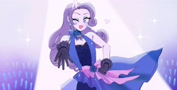 Size: 3768x1908 | Tagged: safe, artist:vilkadvanoli, rarity, equestria girls, bare shoulders, bow, clothes, cute, cutie mark accessory, dress, ear piercing, earring, female, gloves, hand on hip, heart, jewelry, one eye closed, open mouth, piercing, ponied up, raribetes, solo, wink