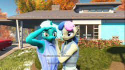 Size: 1920x1080 | Tagged: safe, artist:bronyairman2552, bon bon, lyra heartstrings, sweetie drops, anthro, armpits, clothes, fallout, fallout 4, fallout 4 equestria mod, female, lesbian, lyrabon, shipping