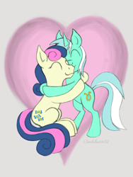 Size: 900x1200 | Tagged: safe, artist:cloudchas3r92, bon bon, lyra heartstrings, sweetie drops, earth pony, pony, unicorn, eyes closed, female, heart, hug, lesbian, lyrabon, shipping, sketch