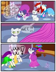 Size: 3500x4500 | Tagged: safe, artist:becauseimpink, elusive, opalescence, rarity, cat, pony, unicorn, comic:transition, clothes, comic, crossdressing, dialogue, dress, hat, looking back, mannequin, rule 63, solo, transgender